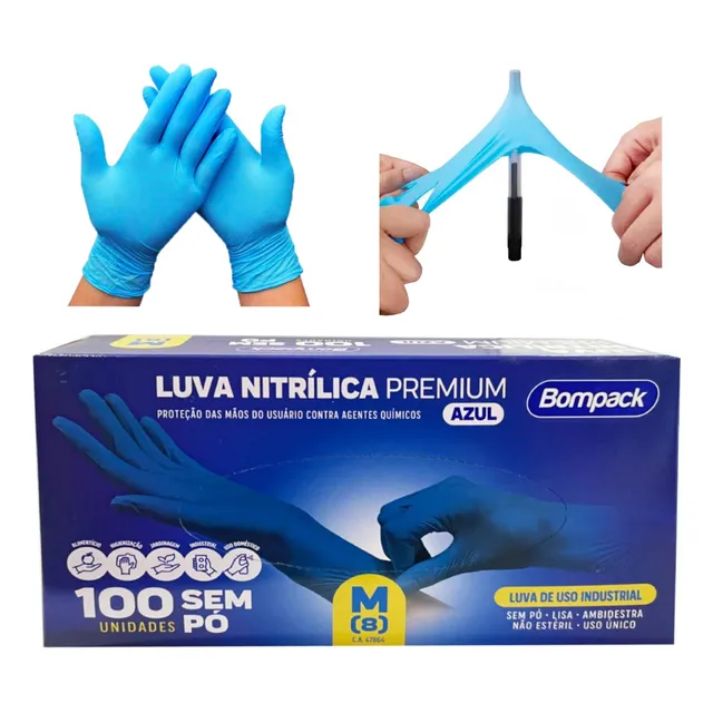 Luva Nitrilica Premium Bompack Azul Sem Pó Tamanho G