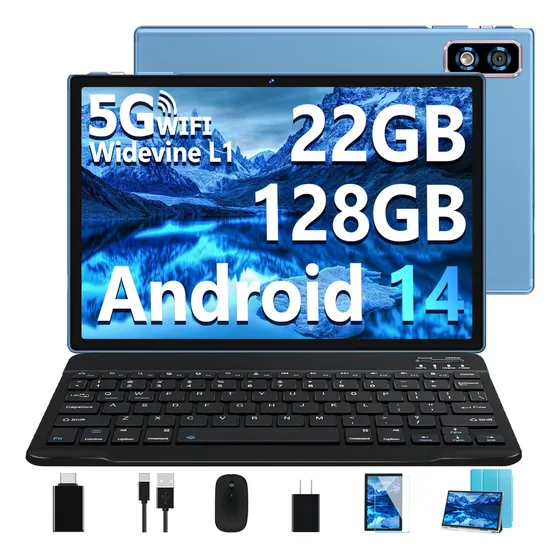 Newest Tablet 10.1 Pulgadas Android 14, 22(6+16)gb Ram+128gb Rom/tf 2tb, 8-core 2.0ghz, 8000mah, 5g+2,4g Wifi | Widevine L1 | Netflix Fhd | Gps | Bt5.0 | Face Id| Gms Tablet Con Teclado, Funda Y Ratón