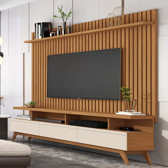 Rack Vivare Wood Com Painel Ripado Para Tv Até 72 Fa