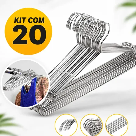 Cabide De Roupa De Aço Inox Atacado Kit Com 20 Peças Nf Prateado