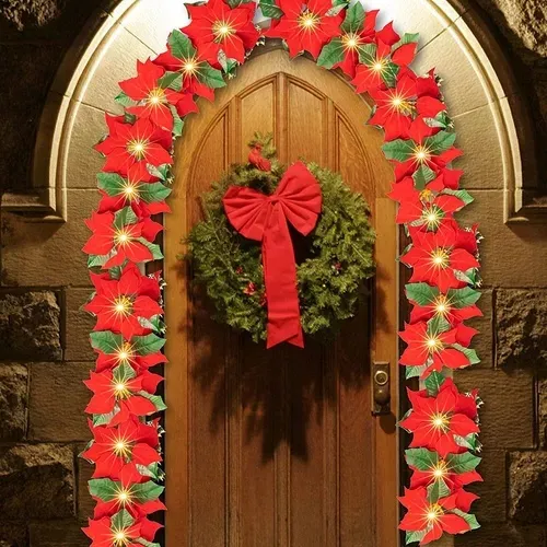 Guirnalda De Luces De Nochebuena Con Flores Navideñas