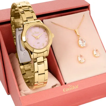 Relógio Feminino Condor Dourado Fundo Rosa Com Conjunto Semi-joia Co2036mxe/k4t