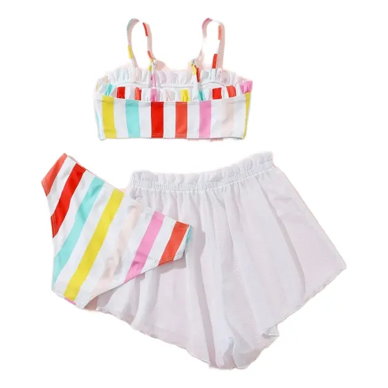 Shein Niñas 3pzas Bikini De Rayas Combinadas Ribete Fruncido