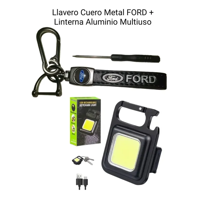 Llavero Cuero-metal Ford + Linterna Aluminio Led-usb Multi