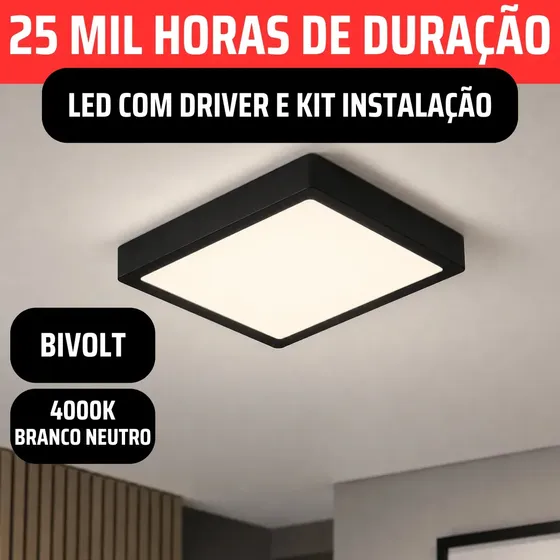 Plafon Led Quadrado Sobrepor Estrutura Preta Bivolt 110v/220v Painel Luminária Com Driver 18w Slim 20x20 Teto Quarto Sala Cozinha Corredor Escritório Forro Gesso Pvc Madeira Vmd Homecenter