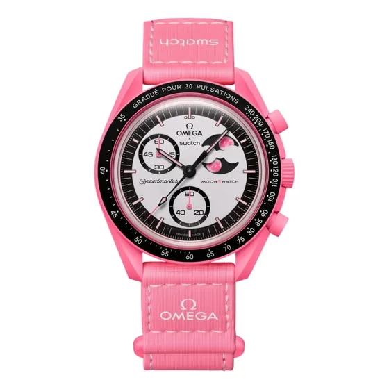 Reloj Omega Swatch Mission To The Pink Moon Correa Rosa Bisel Rosa Fondo Rosa