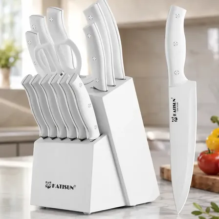 Conjunto de facas de cozinha profissional de 15 peças com base de afiador branco