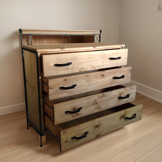 Mueble Cómoda Hierro Forjado 5 Cajones Madera Patinada 