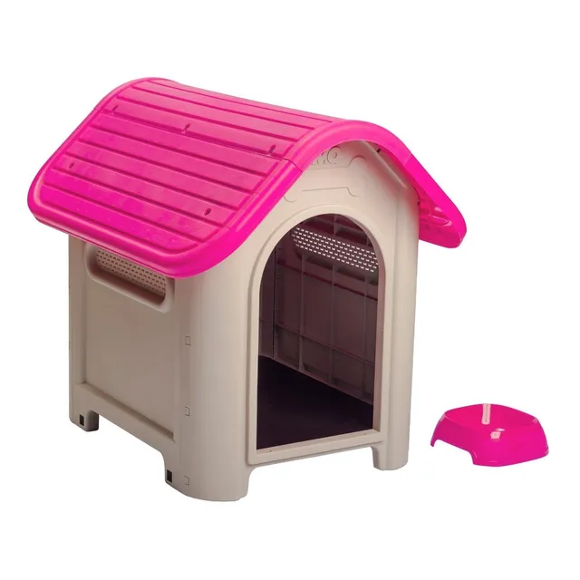 Casa De Perro Raza Mediana + Plato Magenta Marca Mq