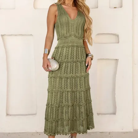 Vestido Midi Feminino Tricô Verão Crochê Babados Festa Praia