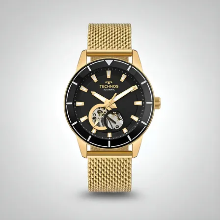 Relógio Technos Automático Masculino Open Heart Correia Dourado Fundo Preto