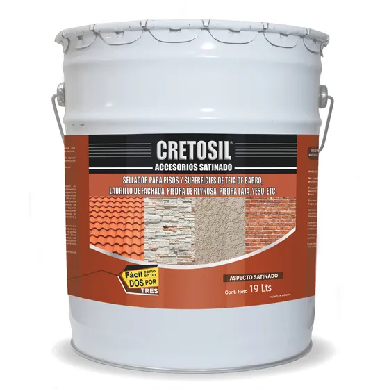 Cretosil Accesorios Sellador / Barniz Apariencia Mojado "Wet-Look" Aspecto Satinado. Para Concreto, Cantera, Barro, Ladrillo, Piedras, Yeso, Adoquin, Terracota y más. 100% Acrílico 19 Lts Transparente