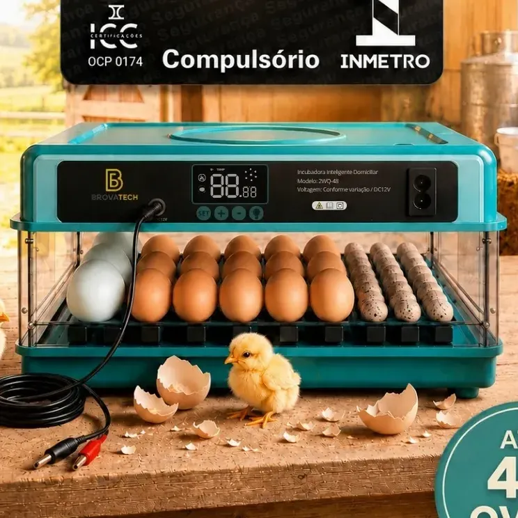 Chocadeira Incubadora Elétrica Automática Até 48 Ovos Galinha Ovoscópio Rolagem Controle...
