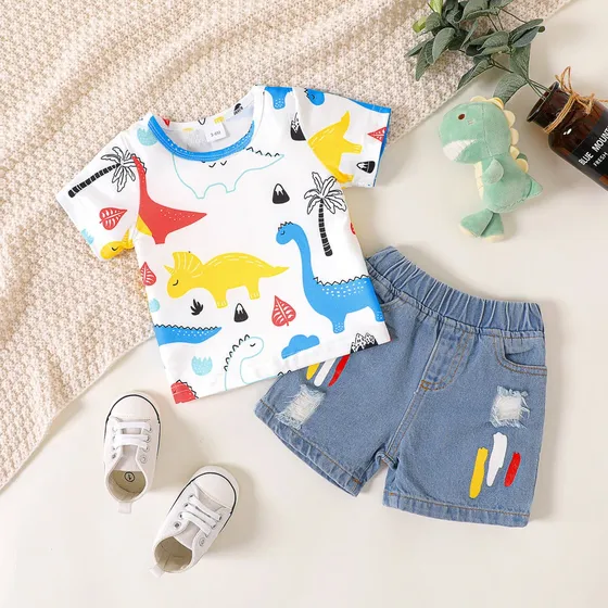 Conjunto Franela Colorida Y Short Para Niño Bebe Dinosaurio