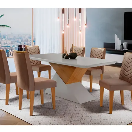 Mesa Aster 180 Tampo Em Mdf Com 6 Cadeiras Liz Moderna Cor Marrom, Off White e Imbuia