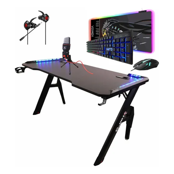 Combo Gamer Rgb Setup Escritorio Inalámbrico Led Audífonos Teclado Negro
