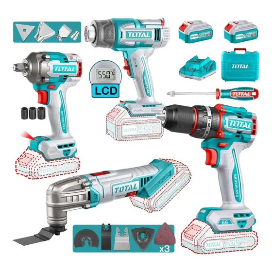 Kit Taladro + Llave Impacto + Pistola Calor + Multi Total