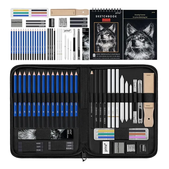 Kit De Dibujo Artístico 50 Pzs Con Estuche Y Cuaderno
