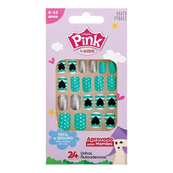 Kiss Unha Postiça Infantil Pink Verde Coração