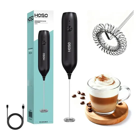 Espumador de Leche Recargable HOSO Negro Acero Inoxidable 22cm Portátil