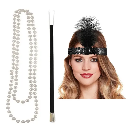 Set Disfraz Charleston Cintillo + Collar Perlas + Boquilla 