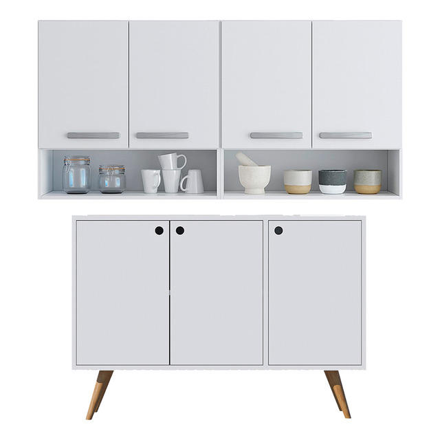 Armário Parede 4 Portas + Buffet Pés Retro Multiuso Armário Parede 4 Portas + Buffet Pés Retro Multiuso