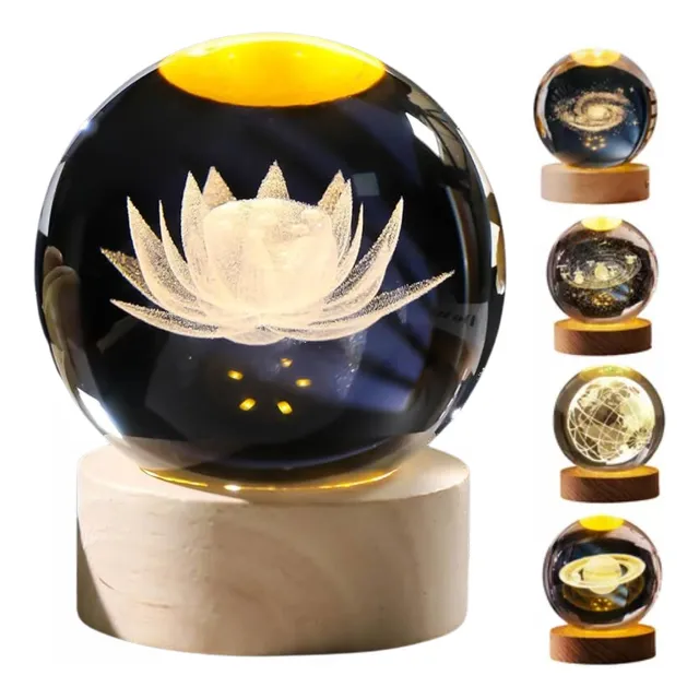 Luminária De Mesa Bola De Cristal 3d Base Madeira Decorativa