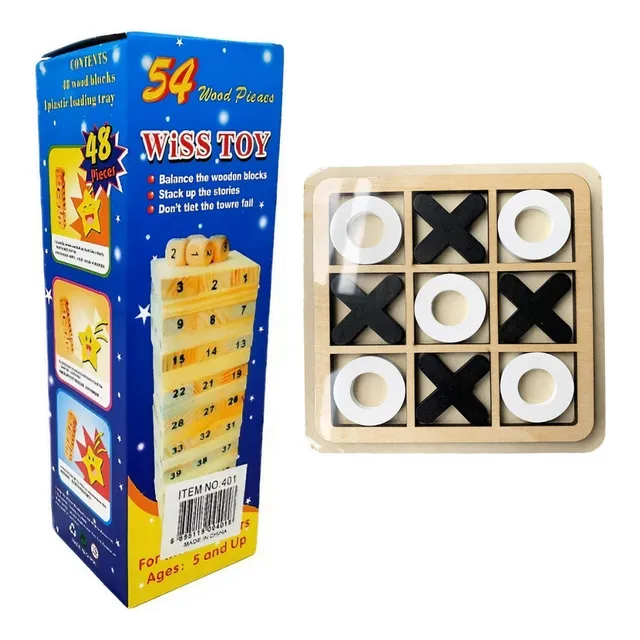 Set Juego Mesa Triki + Torre En Madera 54 Bloques Armable