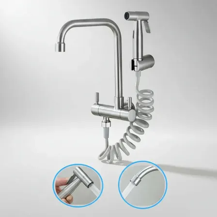 Torneira Com Ducha De Mão Aço Cozinha Parede Pia Lavanderia Aço Escovado Escovado