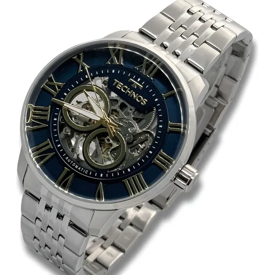 Relógio Technos Masculino Automatico Prata - Bisel Azul