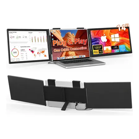14" Monitor duplo Portátil extensor Triplo tela de notebook Usb-c *3 (No HDMI) Plug and Play Para 14-16.5 Laptop Windows/MacOS, Exibição com design de múltiplas telas, Escritório fácil