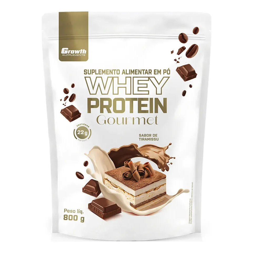 Embalagem do Whey Protein Gourmet da Growth Supplements sabor Tiramisu de 800g, com ilustração de uma fatia de sobremesa tiramisu e grãos de café ao redor.