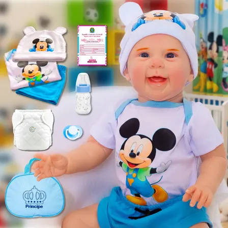 Bebê Boneco Reborn Realista Stitch Com Kit Bolsa Maternidade