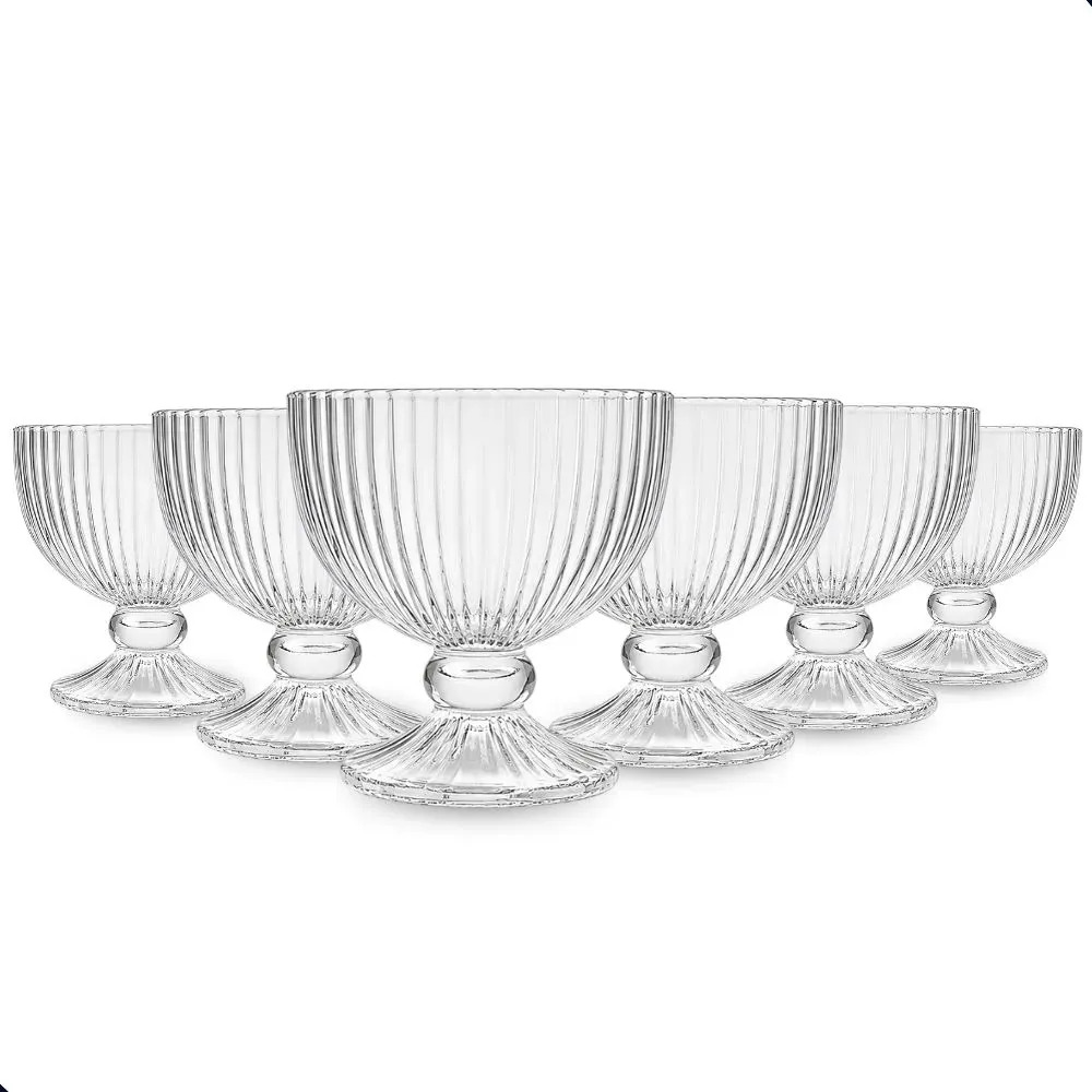 Conjunto de 6 tigelas bowl de sobremesa em vidro transparente com design desenhado e base de apoio