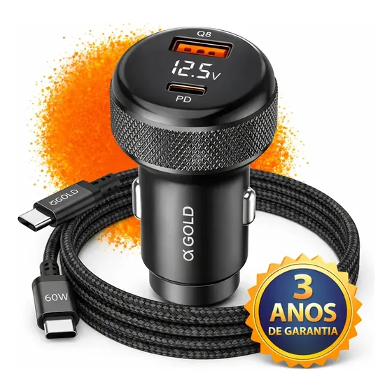 Carregador Veicular Digiklone USB-C Turbo para Android e iOS com Cabo de 1m