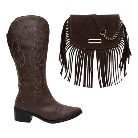 Kit Bota Texana Feminina Cano Alto Vicerinne + Bolsa Franja