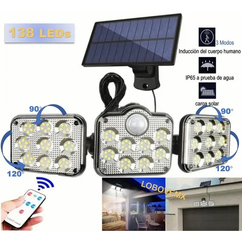 Lámpara Solar Exterior Con Sensor De Movimiento 138led Tres Cabezales Con Mando A Distancia