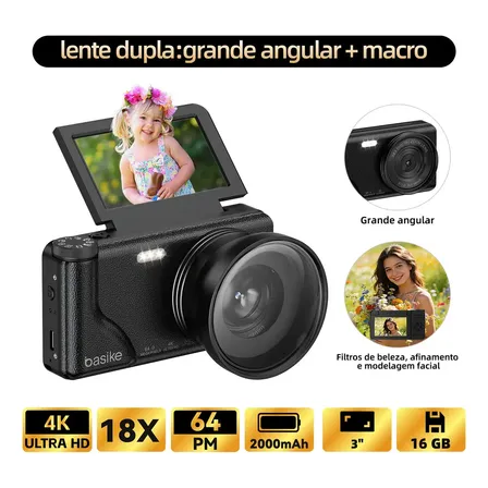 4k Câmera Fotografica Digital com Lente Dupla: grande angular + macro, 64mp 18x Câmera de beleza Com flash , Cartão Sd De 16gb，Foco Automático E Função Webcam para infantil,Iniciantes,vlog