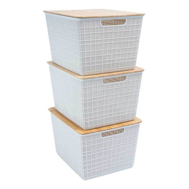 Kit 3 Caixas Organizadoras Tampa De Bambu 18l Branco - Oikos Organizadora Liso