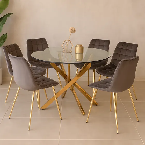 Mesa Dubai Vidrio 120 Cm + 6 Silla Capitone Macron Gold A Elección Capitone