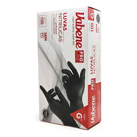 Luva Nitrílica Grande Preta Vabene Resistentes Sem Látex Descartável Preto Gg