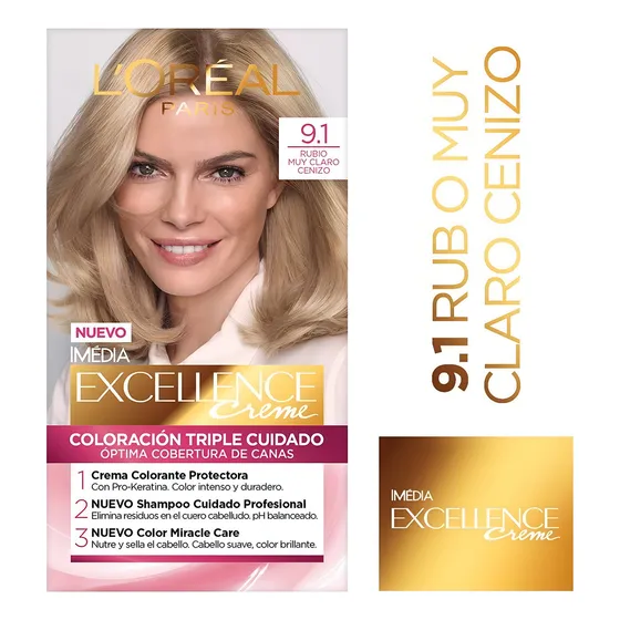 Tintura Permanente Excellence Creme Loreal Paris X 47 Gr Tono 9.1 rubio muy claro ceniza