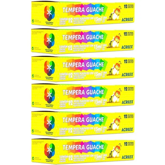 Kit 06 Caixas Tinta Tempera Guache Acrilex 12 Cores 15 Ml