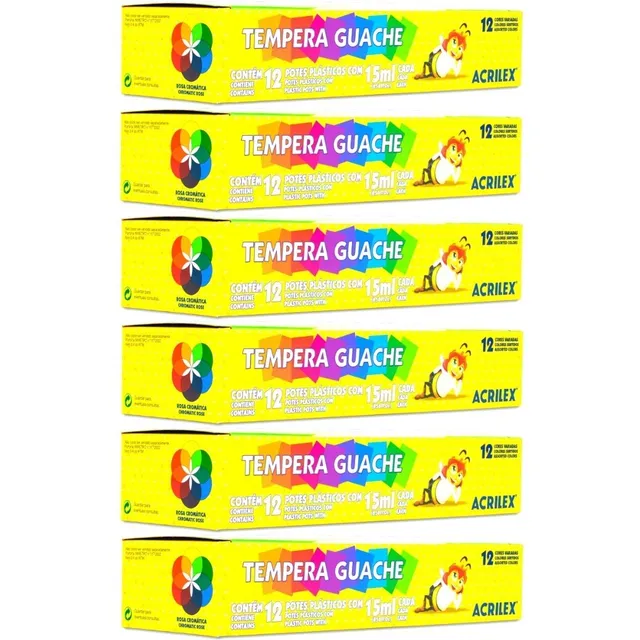 Kit 06 Caixas Tinta Tempera Guache Acrilex 12 Cores 15 Ml