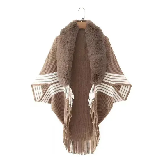 Ruana Chal Capa Con Cuello De Piel Dama Lineas - Qr!
