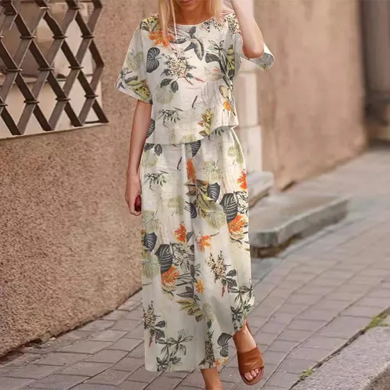 Conjunto De Pantalones Casuales De Lino Y Algodón Con Estamp
