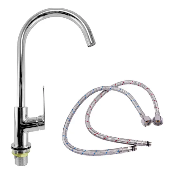 Grifería Cocina Monocomando Metal Pico Giratorio + Flexibles Acabado Brillante