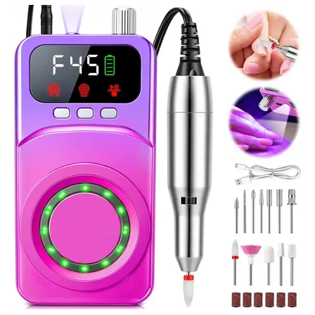 Lixadeira De Unhas Com Luz UV Integrada E Velocidade De 45000 RPM, Motor De Unha Ablevaz Com Velocidade Ajustável E Reversível, Iixadeira Manicure Com 12 Brocas e 6 Lixas Para Salão E Uso Doméstico
