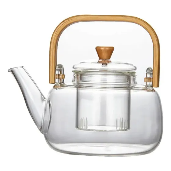 Tetera De Vidrio Con Infusor Manilla De Madera 900ml