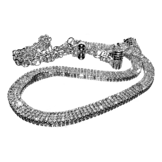Cinto Cadena Tresher Metálico Fiesta Cuatro Líneas De Strass Plateado Liso Con Strass Único